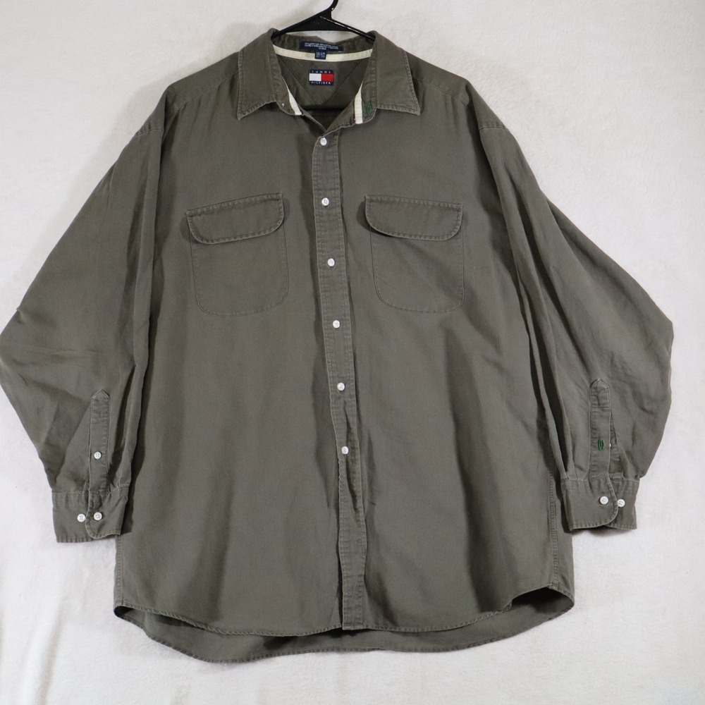 Tommy Hilfiger Men's 16.5 32/33 Olive Green Linen Cotton Button Up Shirt
